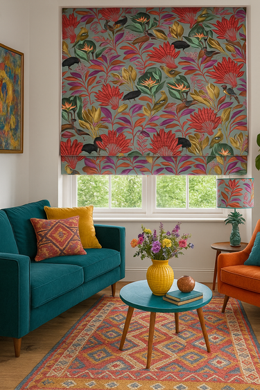 Bold tropical print Roman blind shown in a bright interior living space – colorful curtain fabric with birds and botanicals.